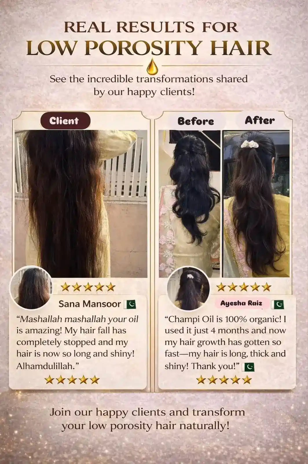 Before and after results of Low Porosity Hair Treatment using Champi Oil.