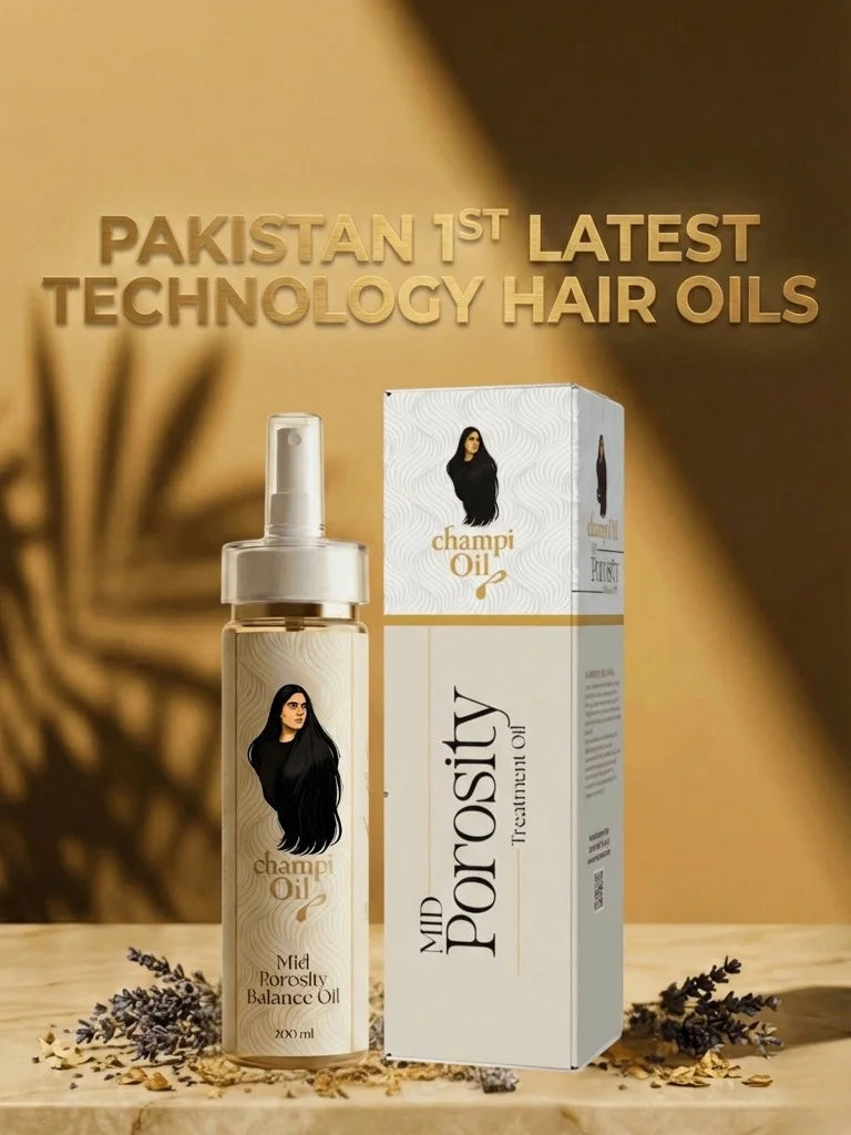 Champi Oil Medium Porosity Treatment Oil bottle and packaging with botanical accents.