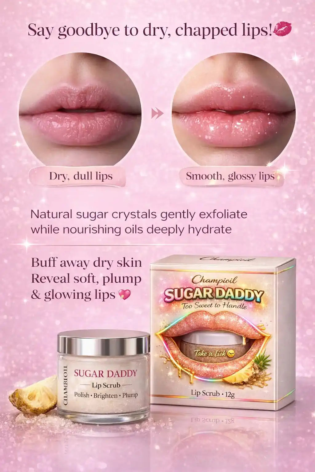 Sugar Daddy Lip Scrub by Champi Oil transforming dry, dull lips to smooth and glossy.