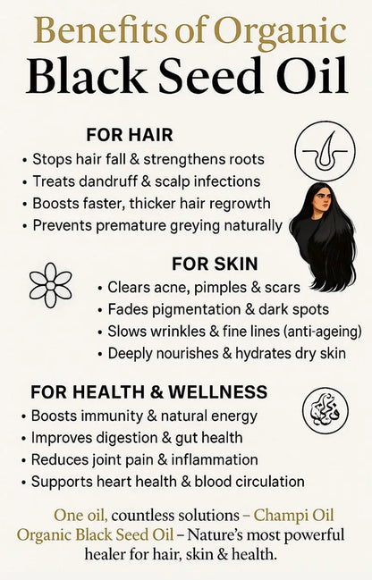 Benefits of Champi Oil organic black seed oil for hair, skin, and immunity.