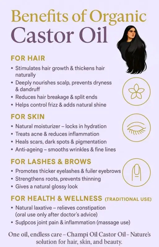 Health and beauty benefits of Champi Oil Organic Castor Oil