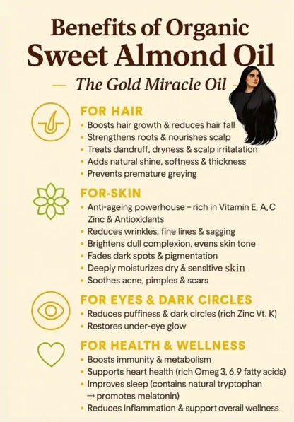 Champi Oil sweet almond oil benefits for dark circles, hair, and immunity.