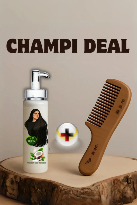 Champi Oil coconut hair oil bundle with a premium wooden wide-tooth comb for Champi Deal.
