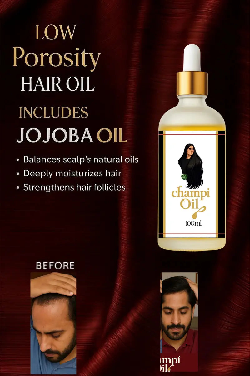 Champi Jojoba Oil for scalp balance and hair follicle strength. Male hair regrowth results.