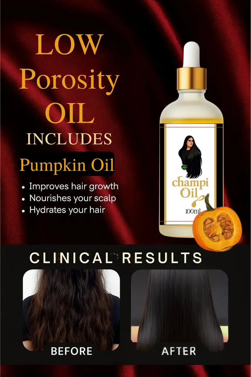 Champi Oil with pumpkin oil for hair growth and hydration. Before and after results.