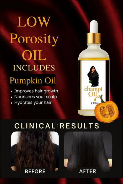 Champi Oil with pumpkin oil for hair growth and hydration. Before and after results.