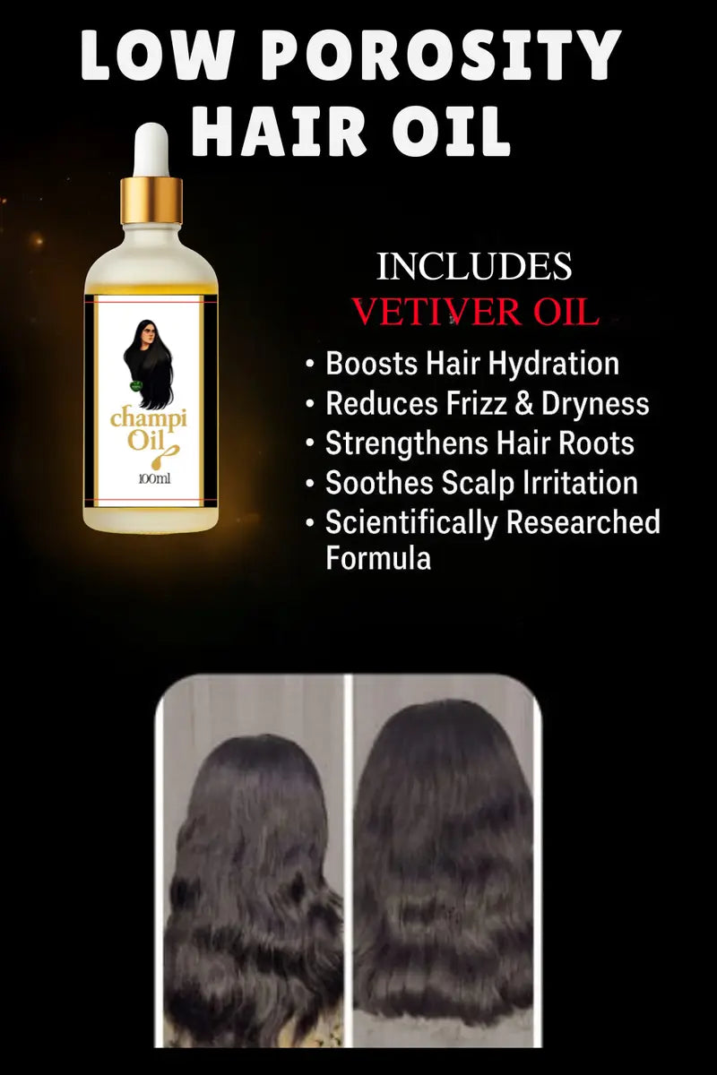 Champi Vetiver Oil for frizz reduction and scalp irritation. Scientifically researched formula.