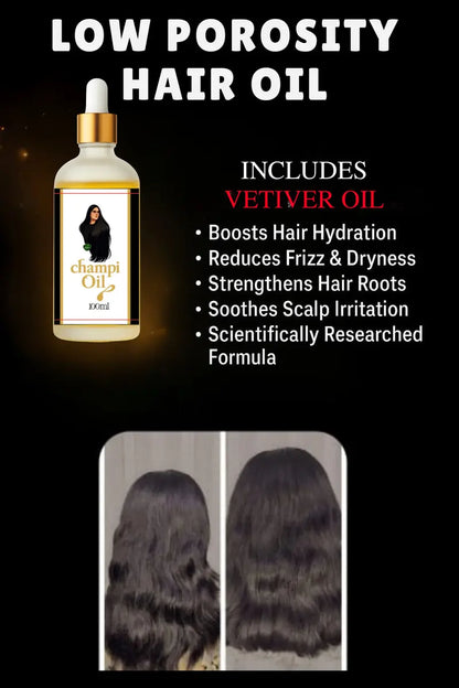 Champi Vetiver Oil for frizz reduction and scalp irritation. Scientifically researched formula.