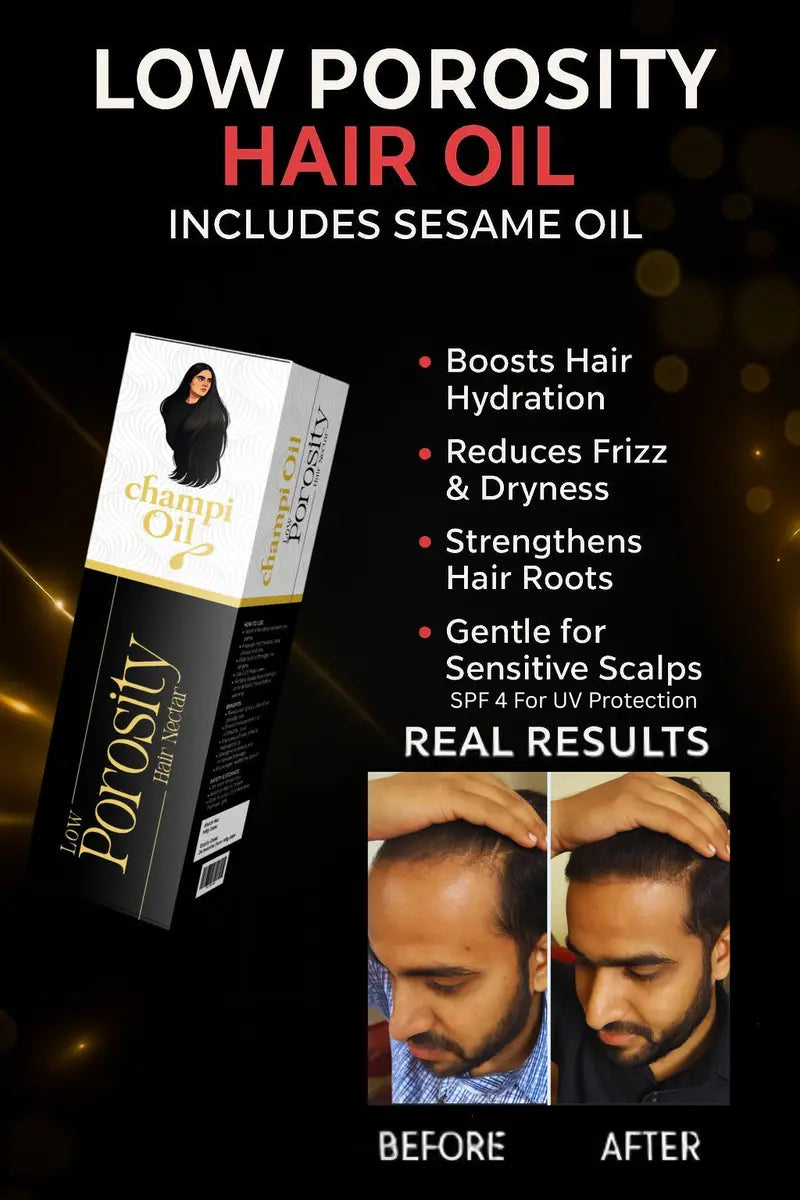 Champi Oil with Sesame Oil for UV protection and hydration. Before and after results.