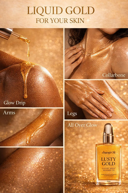 Radiant skin results using Champi Oil Lusty Gold on arms, legs, and collarbone.