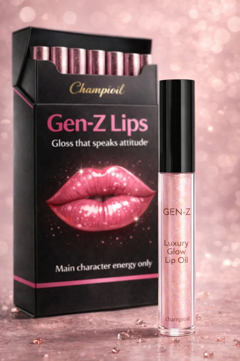 Champi Oil Gen-Z Lips black box packaging and luxury glow lip oil tube.