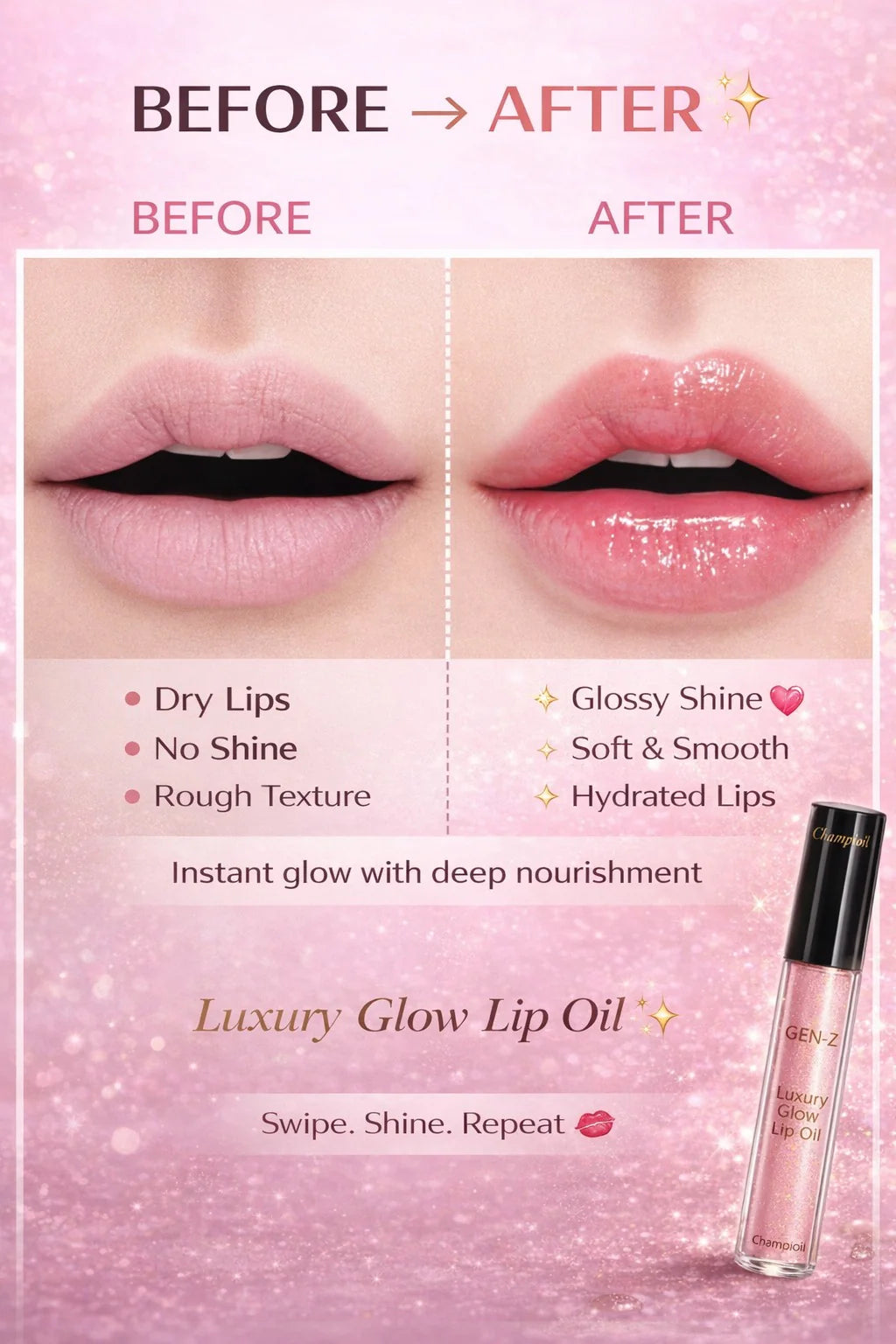 Comparison of dry lips versus glossy shine using Champi Oil luxury glow lip oil.