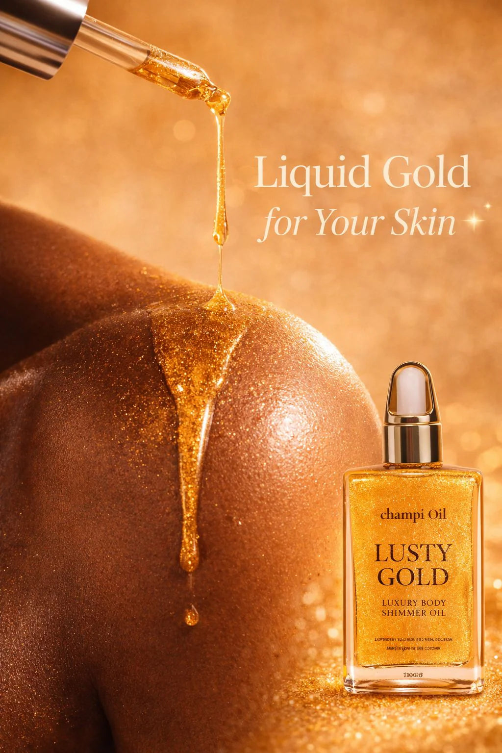 Golden shimmer oil from Champi Oil dripping onto skin, highlighting the liquid gold texture.