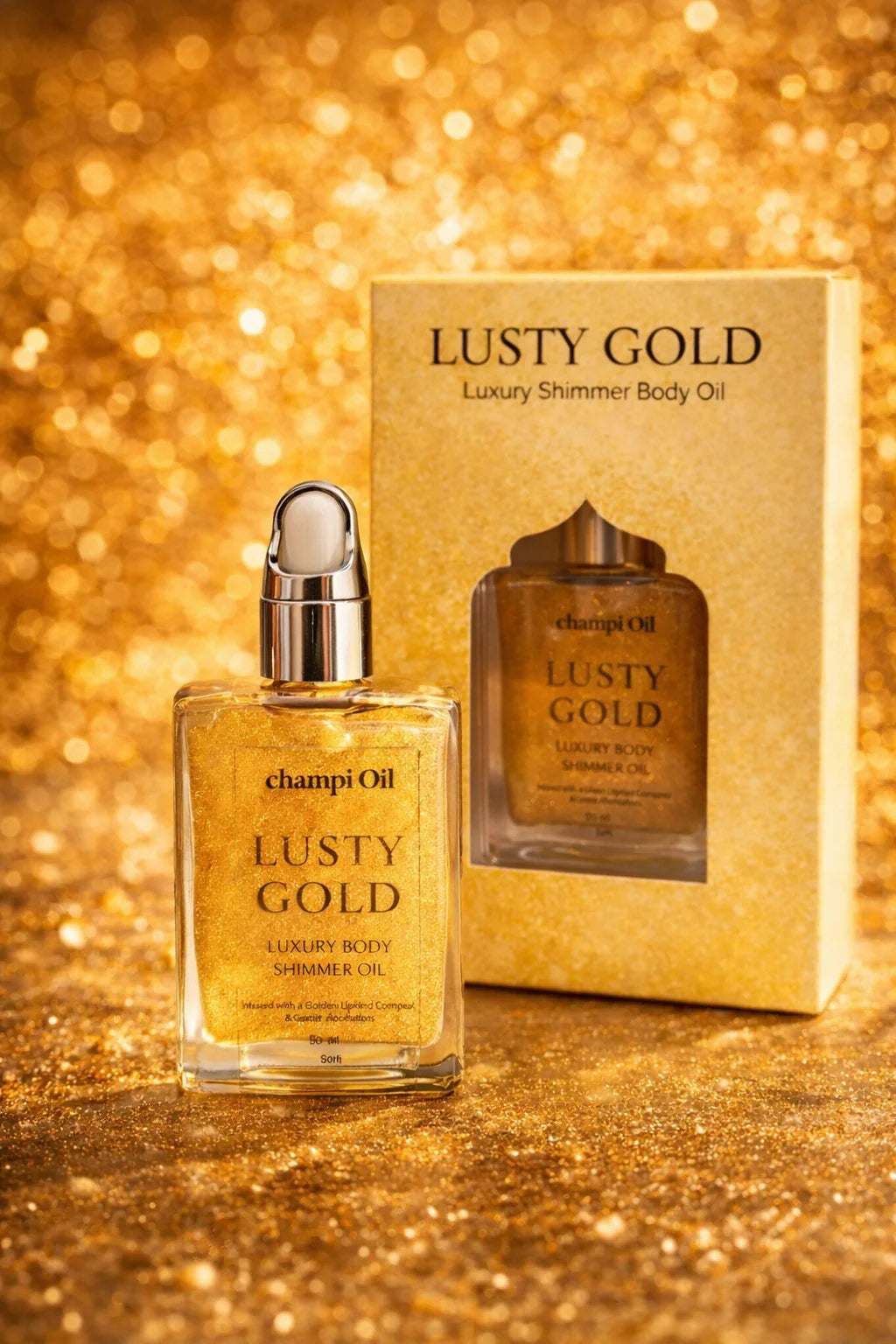 Champi Oil Lusty Gold luxury body shimmer oil bottle with its premium gold gift box.