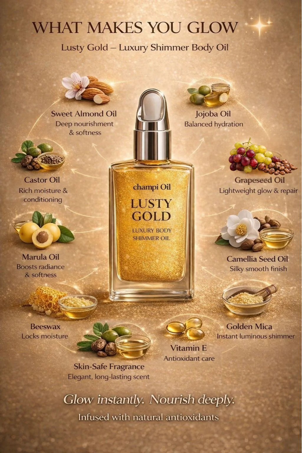 Natural ingredients of Champi Oil shimmer oil including Jojoba, Marula, and Vitamin E.