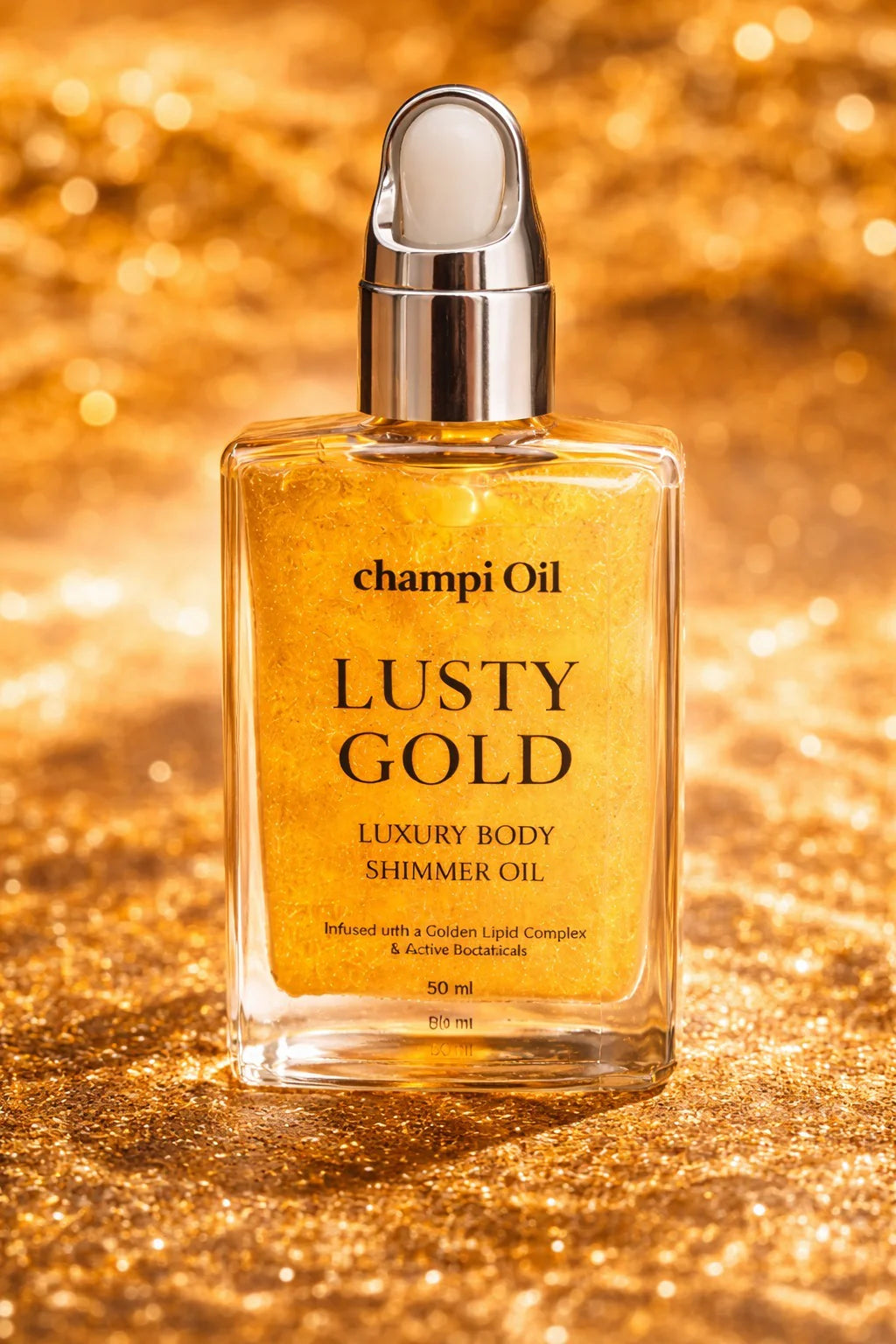 Champi Oil Lusty Gold luxury body shimmer oil in a sleek 50ml glass bottle with silver dropper.