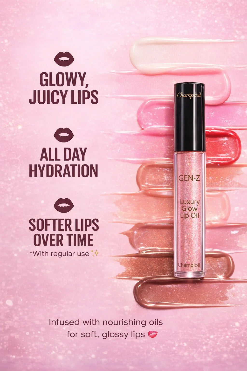 Champi Oil Gen-Z luxury lip oil with hydration benefits and multi-shade pink swatches.