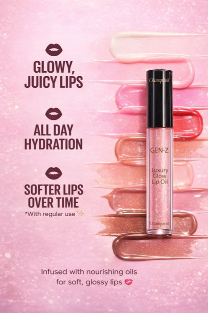 Champi Oil Gen-Z luxury lip oil with hydration benefits and multi-shade pink swatches.