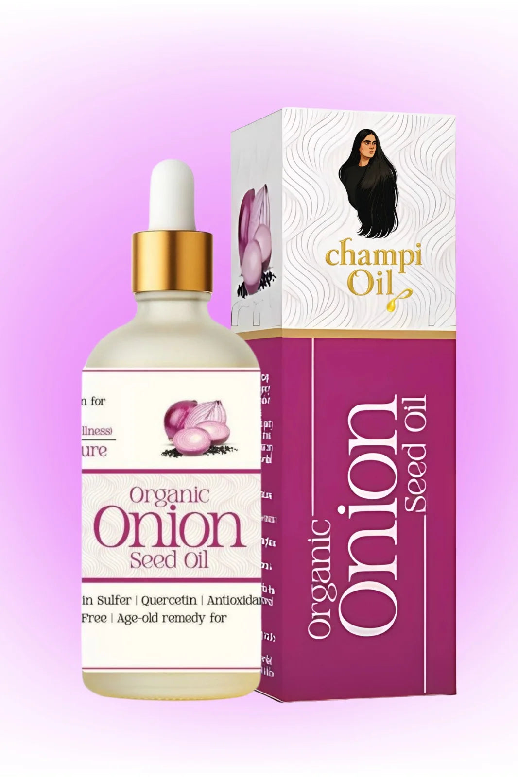 Champi Oil organic onion seed oil with sulfur and antioxidants for hair wellness.