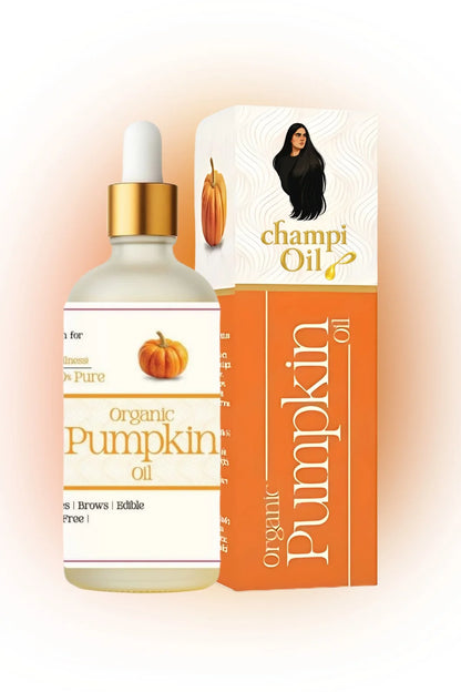 100% pure organic pumpkin oil bottle and packaging by Champi Oil.