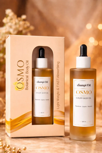 Champi Oil Osmo luxury botanical body oil bottle with premium display box packaging.