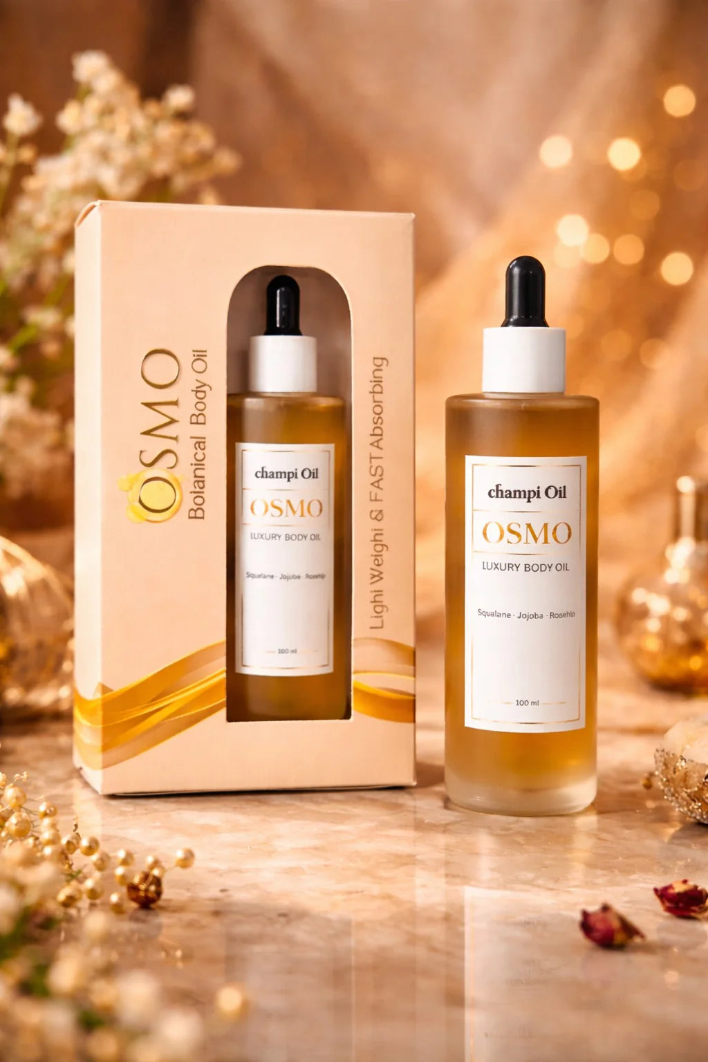 Champi Oil Osmo luxury body oil featuring a white and gold dropper applicator.