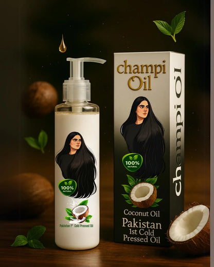 Champi Oil coconut oil bottle and retail packaging box.