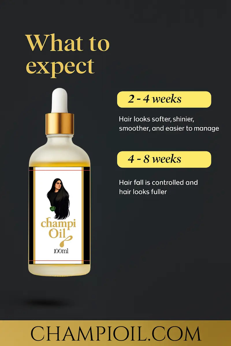 Champi Oil results timeline: softer hair in 2-4 weeks, fuller hair in 4-8 weeks.