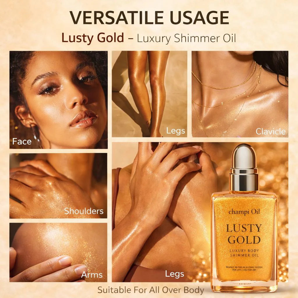 Versatile usage of Champi Oil shimmer oil on face, legs, clavicle, and shoulders for a golden glow.