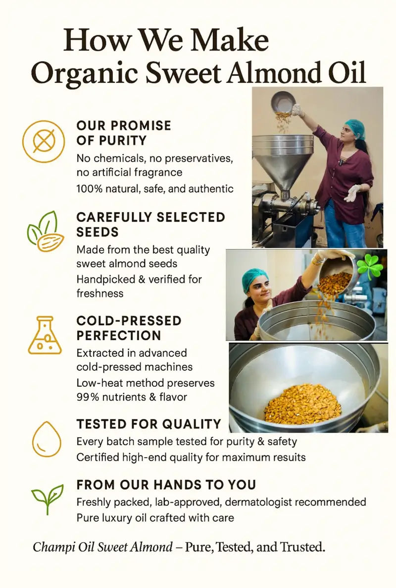 Champi Oil cold-pressed extraction process for pure organic sweet almond oil.