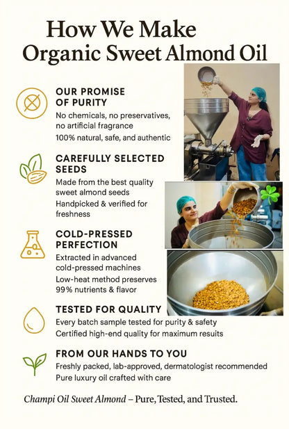 Champi Oil cold-pressed extraction process for pure organic sweet almond oil.