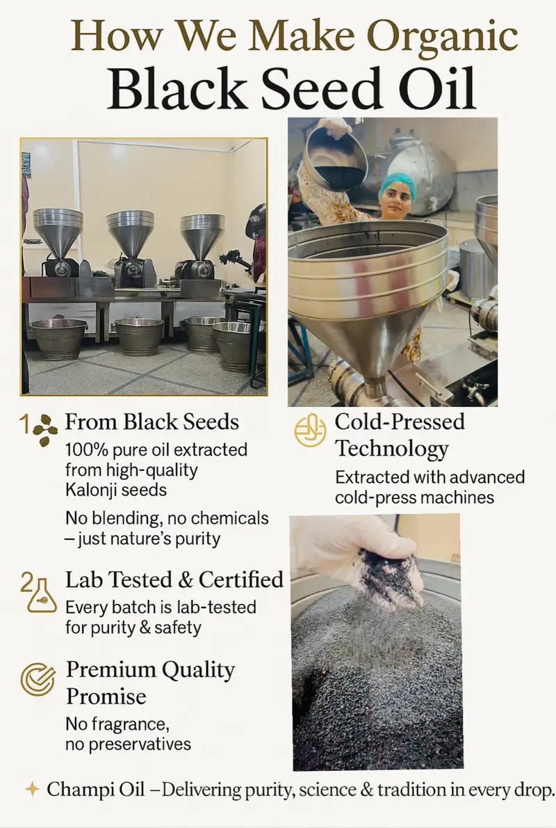 Champi Oil cold-pressed extraction process for 100% pure organic black seed oil.