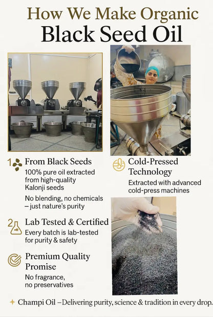 Champi Oil cold-pressed extraction process for 100% pure organic black seed oil.