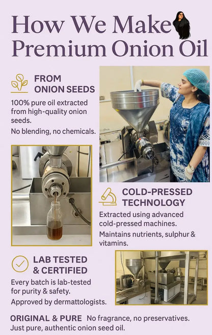 Champi Oil extraction process using cold-pressed technology for pure onion seed oil.