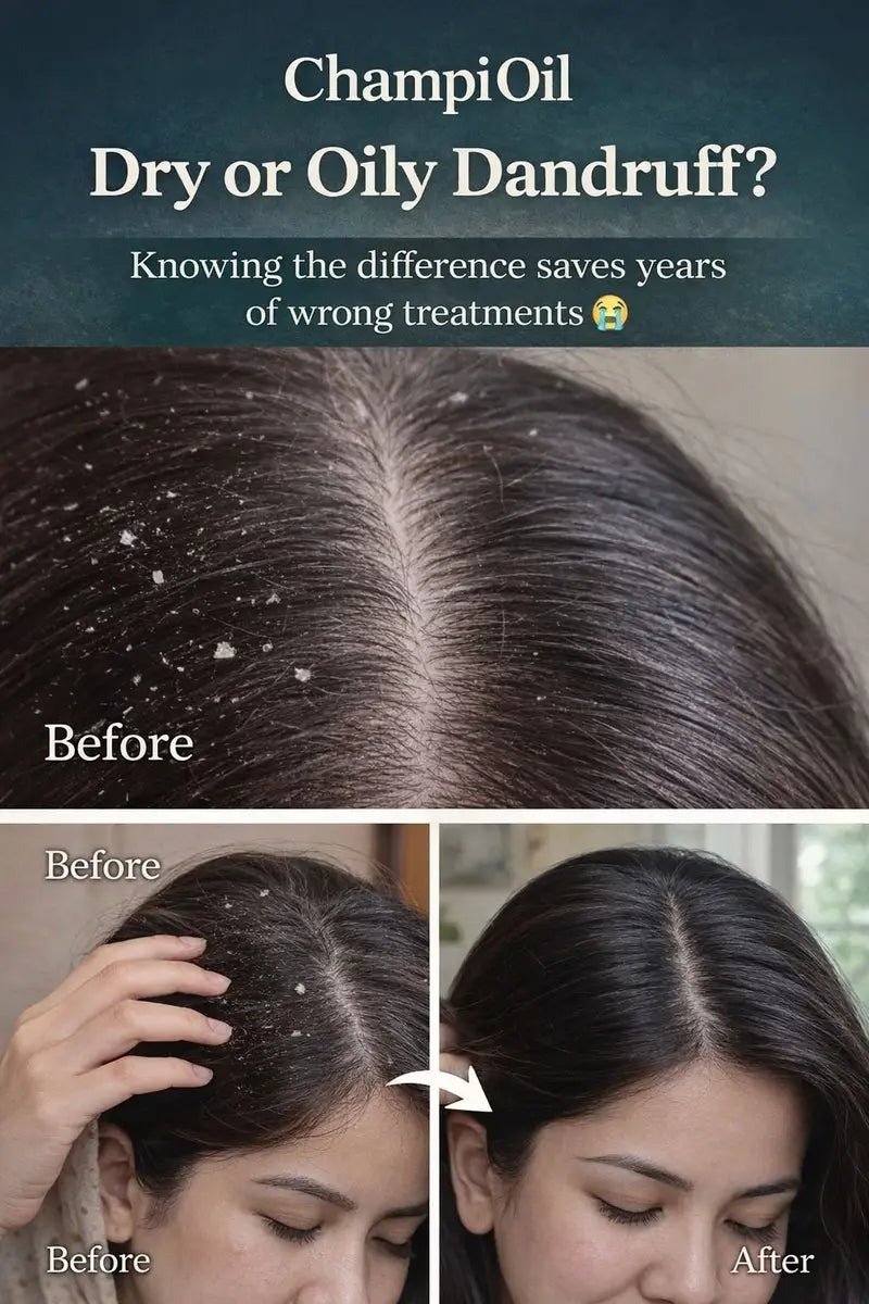 Dry vs oily dandruff comparison showing visible flakes before and clean scalp after