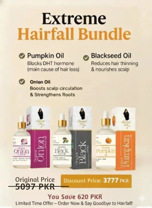 Champi Oil Extreme Hairfall Treatment bundle with onion, pumpkin, and blackseed oils.