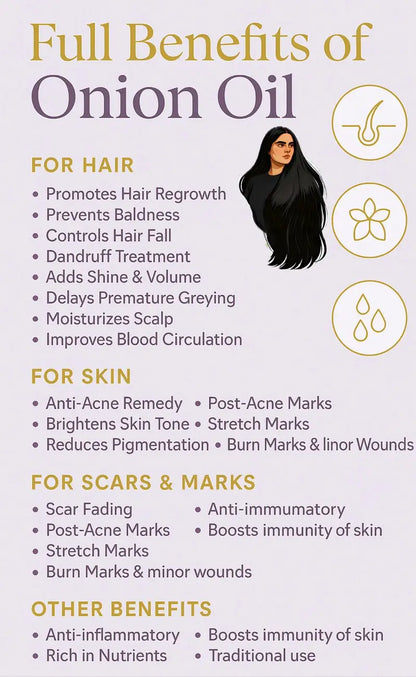 Benefits of Champi Oil onion oil for hair growth, skin tone, and scar fading.
