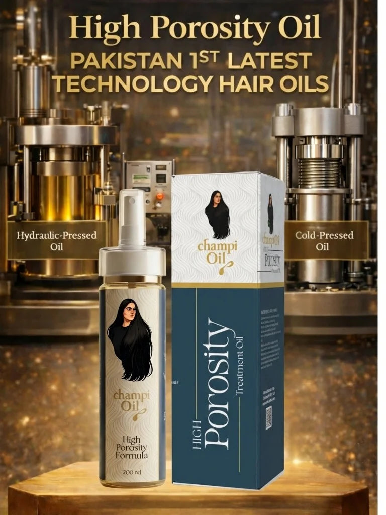 Champi Oil High Porosity Treatment Oil featuring cold-pressed and hydraulic-pressed technology.