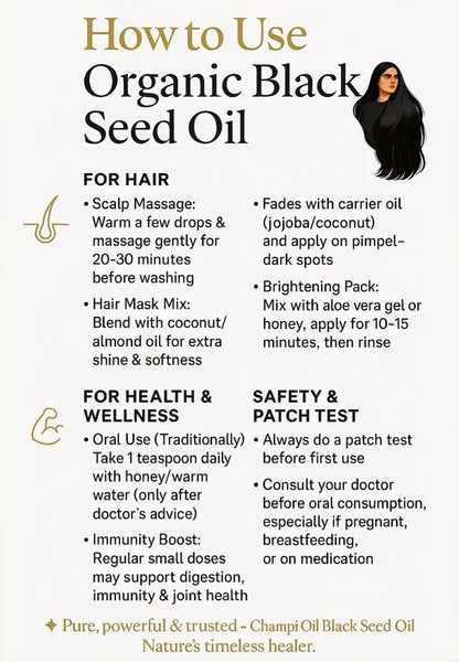 Champi Oil guide: How to use organic black seed oil for hair, skin, and wellness.