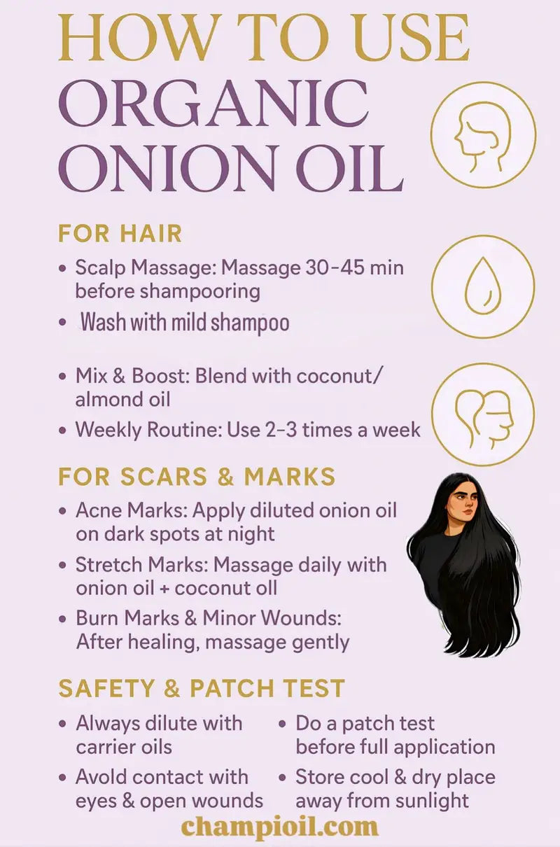 Usage guide for Champi Oil: scalp massage tips and safety patch test instructions.