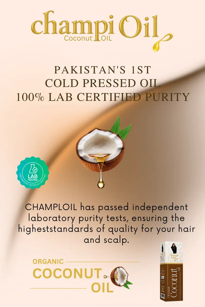 Champi Oil organic coconut oil with 100% lab-certified purity for hair and scalp.