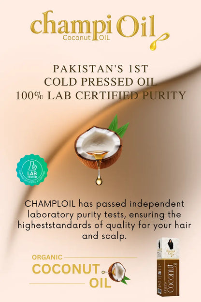 Champi Oil organic coconut oil with 100% lab-certified purity for hair and scalp.