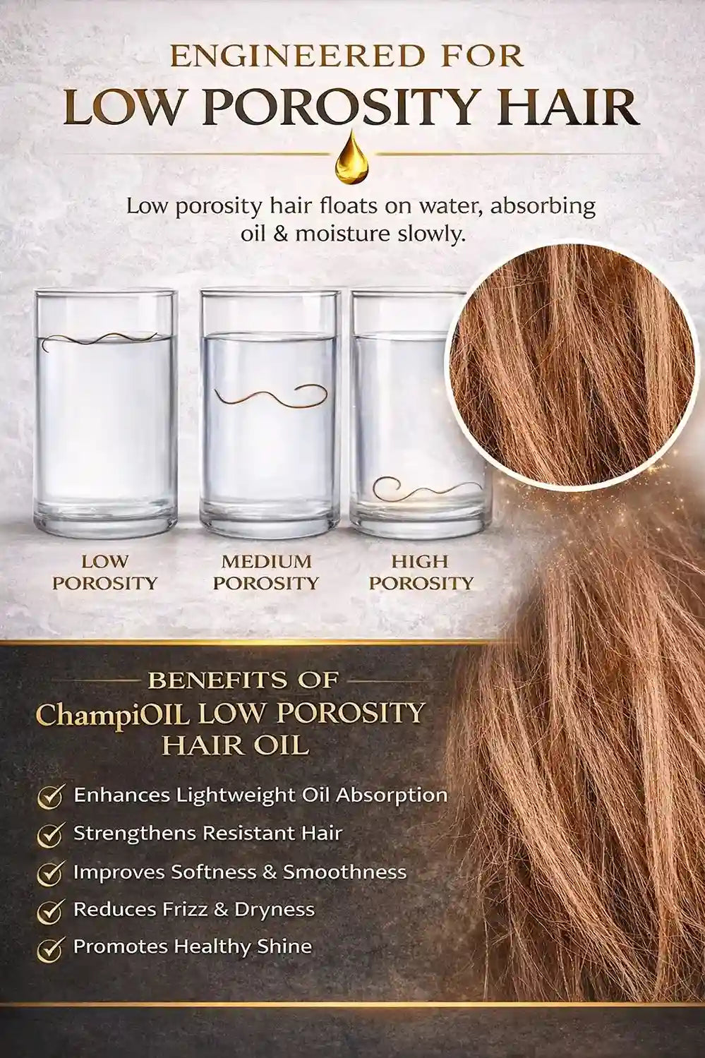 Floating hair test showing benefits of Low Porosity Hair Treatment by Champi Oil.