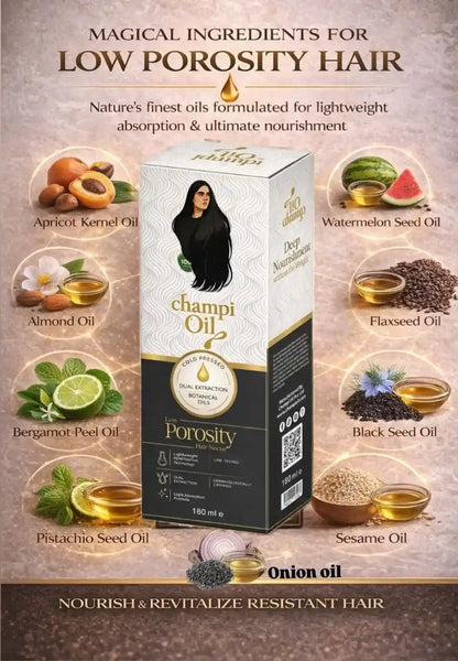 Natural botanical ingredients in Champi Oil Low Porosity Hair Treatment.