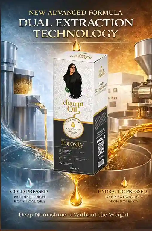 Dual extraction technology for Champi Oil Low Porosity Hair Treatment.