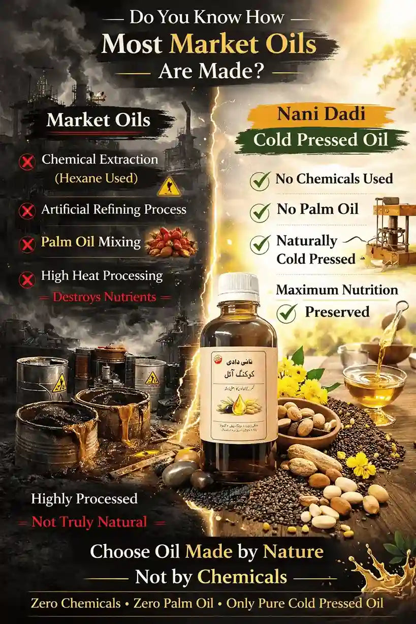 Nani Dadi Cooking Oil by Champi Oil vs market oils showing pure cold pressed benefits.