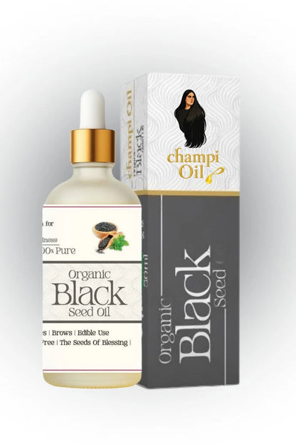 Champi Oil organic black seed oil 50ml dropper bottle and packaging.