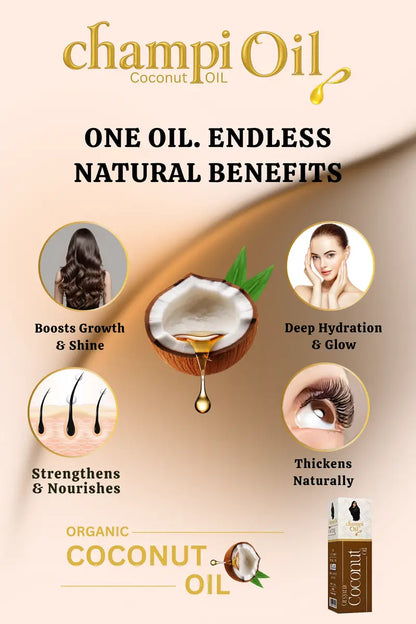 Champi Oil organic coconut oil benefits: boosts growth, shine, and natural thickening.