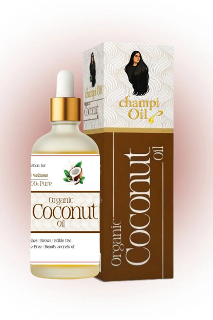 Champi Oil 100% pure organic coconut oil dropper bottle and packaging.