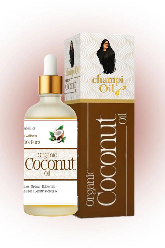 Champi Oil 100% pure organic coconut oil dropper bottle and packaging.
